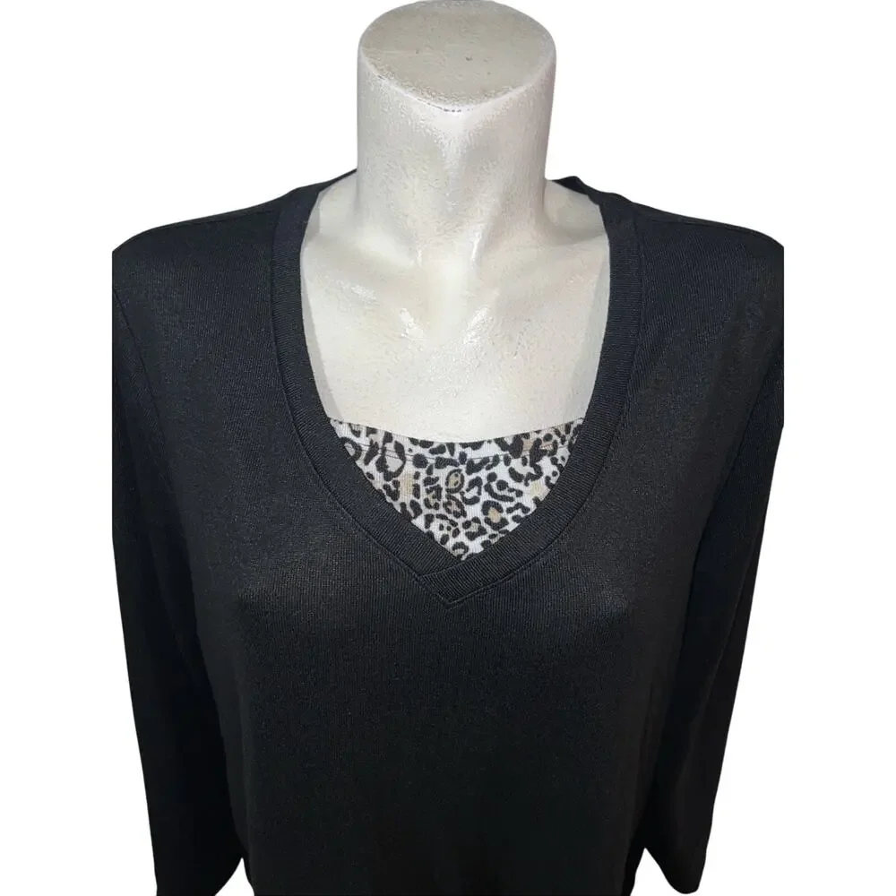 Weekends Chicos Sweater XL (3) Black Lagenlook W/Animal Print Hem LS Knit Top